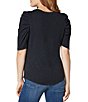 Color:Black - Image 2 - Gathered Short Sleeve Round Neck Slub Jersey Top
