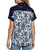 Color:Galaxy Floral - Image 2 - Collared Short Sleeve High-Low Hem Button Front Blouse