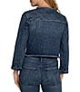 Color:Ponderay - Image 2 - Collarless Round Neck Frayed Hem Long Sleeve Braid Detail Patch Pocket Denim Jacket