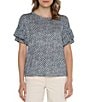 Color:Navy Text Dots - Image 1 - Dotted Print Crew Neck Short Ruffle Sleeve Top