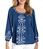 Liverpool Los Angeles Petite Size Double Gauze Woven Embroidered Top - Image 1