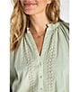 Liverpool Los Angeles Petite Size Embroidered Split V-Neck 3/4 Sleeve Button Front Blouse - Image 3