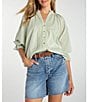 Liverpool Los Angeles Petite Size Embroidered Split V-Neck 3/4 Sleeve Button Front Blouse - Image 5
