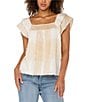 Liverpool Los Angeles Petite Size Printed Square Neck Double Layer Short Sleeve Blouse, Color:Brown Cream Multi - Image 1