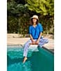 Liverpool Los Angeles Petite Size Stretch Linen Stripe Drawstring Waistband Wide-Leg Pull-On Pants, Color:White/Blue Multi - Image 5