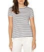 Color:White/Black - Image 1 - Petite Size Stripe Knit Crew Neck Short Sleeve Slim Fit Tee