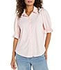 Liverpool Los Angeles Petite Size Tech Knit Point Collar Short Puff Ruffle Cuff Sleeve Button Front Shirt - Image 1