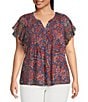 Liverpool Los Angeles Plus Size Chiffon Floral Printed Split V-Neck Flutter Sleeve Blouse, Color:Blue Pink Floral - Image 1