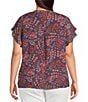 Liverpool Los Angeles Plus Size Chiffon Floral Printed Split V-Neck Flutter Sleeve Blouse, Color:Blue Pink Floral - Image 2