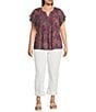 Liverpool Los Angeles Plus Size Chiffon Floral Printed Split V-Neck Flutter Sleeve Blouse, Color:Blue Pink Floral - Image 3