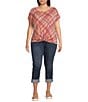 Liverpool Los Angeles Plus Size Multi Plaid Crew Neck Short Sleeve Front Twist Top, Color:Clementine Multi Plaid - Image 3