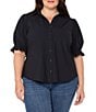 Liverpool Los Angeles Plus Size Tech Knit Point Collar Short Puff Ruffle Cuff Sleeve Button Front Shirt - Image 5