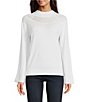 Color:Porcelain - Image 1 - Pointelle Sweater Yarn Funnel Neck Long Sleeve Pullover Top