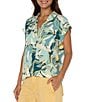 Color:Teal Tropical - Image 1 - Short Sleeve Chest Flap Pocket Notch Collar Dolman Button Front Boxy Camp Shirt