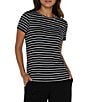 Color:Black/White - Image 1 - Stripe Knit Crew Neck Short Sleeve Slim Fit Tee Shirt