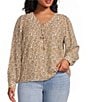 Liverpool Los Angeles Plus Size Woven Ditsy Lace-Up V-Neck Long Sleeve Top - Image 1