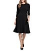 Color:Black - Image 1 - 3/4 Sleeve Crew Neck Princess Seam Fit And Flare Dress