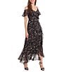 Color:Black/Blush - Image 1 - Cold Shoulder Ruffle Sleeve V-Neck Floral Faux Wrap Maxi Dress