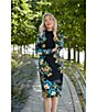 Color:Black/Teal - Image 4 - Floral Print Long Sleeve Mock Neck Side Ruched Jersey Dress