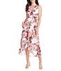 Color:Ivory/Red - Image 1 - Floral Print Ruffled Hem Faux Wrap Dress