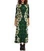 Color:Green - Image 1 - Jersey 3/4 Sleeve Crew Neck Printed Maxi Dress