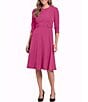 Color:Pink - Image 1 - Petite Size 3/4 Sleeve Crew Neck Princess Seam Fit And Flare Dress