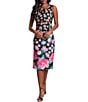 Color:Black/Pink - Image 1 - Petite Size Scuba Crepe Sleeveless Asymmetrical Neck Floral Knee Length Sheath Dress