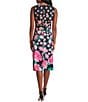 Color:Black/Pink - Image 2 - Petite Size Scuba Crepe Sleeveless Asymmetrical Neck Floral Knee Length Sheath Dress