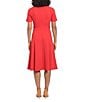 Color:Red - Image 2 - Petite Size Short Puff Sleeve Round Neck Side Detail Box Pleated Scuba Crepe Fit and Flare Dress