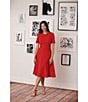 Color:Red - Image 3 - Petite Size Short Puff Sleeve Round Neck Side Detail Box Pleated Scuba Crepe Fit and Flare Dress