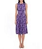 Color:Violet/White - Image 1 - Petite Size Sleeveless Crew Neck Printed Matte Jersey Pleated Midi Dress