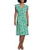 Color:Green/Soft White - Image 1 - Petite Size V-Neck Leaf Print Cap Ruffle Sleeve Midi Dress