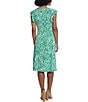 Color:Green/Soft White - Image 2 - Petite Size V-Neck Leaf Print Cap Ruffle Sleeve Midi Dress