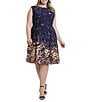 Color:Navy/Gold - Image 1 - Plus Size Floral Print Cap Sleeve Fit and Flare Dress
