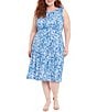 Color:Ivory/Blue - Image 1 - Plus Size Floral Printed Matte Jersey Sleeveless Crew Neck Dress