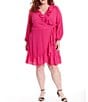 Color:Bright Pink - Image 1 - Plus Size Long Sleeve Ruffle V-Neck Tie Waist Bubble Crepe Faux Wrap Dress