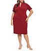 Color:Red - Image 1 - Plus Size Short Ruffled Sleeve Split Round Neck Front Slit Scuba Crepe Sheath Dress