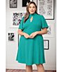 Color:Emerald - Image 3 - Plus Size Short Sleeve Keyhole Mock Neck Empire Seam Suba Crepe Flared Dress