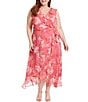 Color:Pink Multi - Image 1 - Plus Size Sleeveless Ruffle V-Neck Tie Waist Printed Faux Wrap Maxi Dress