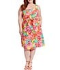 Color:Yellow/Pink - Image 1 - Plus Size Sleeveless Square Neck Tie Waist Floral Print Dress