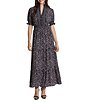 Color:Black/Blush - Image 1 - Floral Print Ruffled Mock V-Neck Smocked Short Sleeve Crepe Tiered Maxi Dress