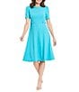 Color:Blue Atol - Image 1 - Short Puff Sleeve Round Neck Side Detail Box Pleated Scuba Crepe Fit and Flare Dress