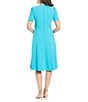 Color:Blue Atol - Image 2 - Short Puff Sleeve Round Neck Side Detail Box Pleated Scuba Crepe Fit and Flare Dress