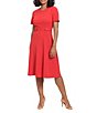 Color:Red - Image 1 - Short Puff Sleeve Round Neck Side Detail Box Pleated Scuba Crepe Fit and Flare Dress