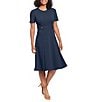 Color:Navy - Image 1 - Short Puff Sleeve Round Neck Side Detail Box Pleated Scuba Crepe Fit and Flare Dress