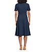 Color:Navy - Image 2 - Short Puff Sleeve Round Neck Side Detail Box Pleated Scuba Crepe Fit and Flare Dress