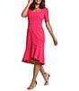 Color:Pink - Image 1 - Short Sleeve Scoop Neck High-Low Flounce Hem Scuba Crepe Sheath Dress