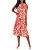Color:Red/Ivory - Image 1 - Sleeveless Crew Neck Belted Printed Dress