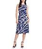 Color:Navy/Ivory - Image 1 - Sleeveless Crew Neck Belted Printed Dress