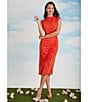 Color:Poppy Red - Image 4 - Sleeveless Mock Neck Ruched Sheath Midi Dress